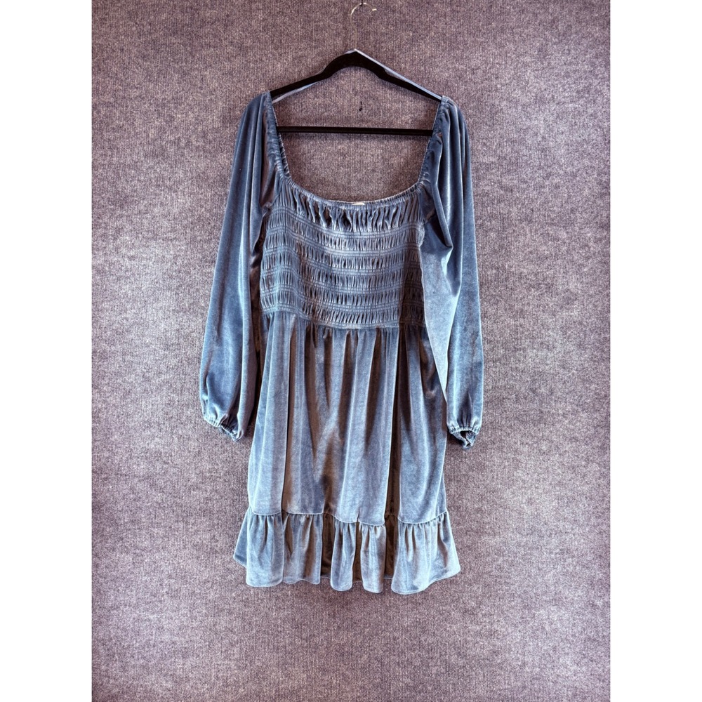 LC Lauren Conrad Blue Velvet Smocked Mini Dress Plus Size 2X Square Neck Ruffle